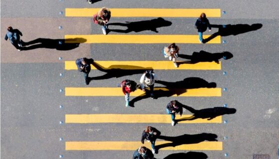 Aerial view of people crossing a street at a yellow-striped pedestrian crosswalk, casting long shadows in the sunlight.
